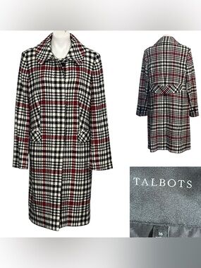 Talbots Trench Coat plus size 16 red/black plaid long sleeve wool blend